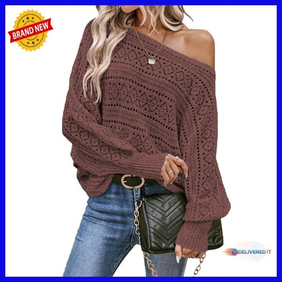 Sweaters - Crochet Boat Neck Long Sleeve Sweater Loose Fit Cozy Fall Winter